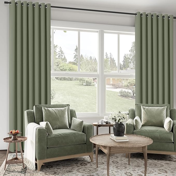 ChrisDowa 100% Blackout sage Solid Curtains 84 Inches Long 2 Panels for Bedroom Living Room,Farmhouse Room Darkening Thermal Insulated Soundproof Grommet Top Window Treatment Drapes,52x84