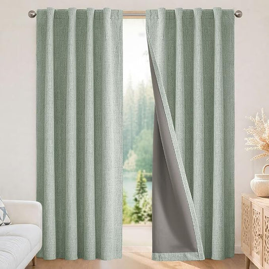 Joydeco Blackout Curtains for Bedroom - 100% Light Blocking 2 Panels Sage Green Drapes 37" W x 90" L, Thermal Insulated Room Darkening Curtains, Linen Textured for Living Room, Rod Pocket & Back Tabs