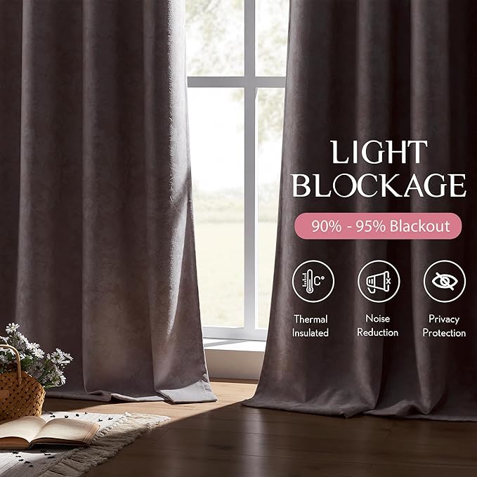 Beauoop Pink Floral Jacquard Blackout Curtains 90 Inches Long 2 Panels for Bedroom Living Room Chenille Flower Room Darkening Thermal Insulated Soundproof Grommet Window Treatments Drapes, 52x90