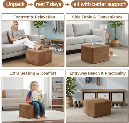 Tiita Pouf Ottoman and Foot Rest, Square Foam Stuffed Floor Pouf with Storag for Living Room, Brown