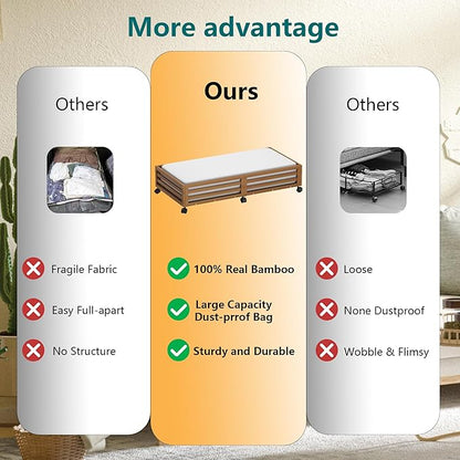 Bamboo Under Bed Storage Containers- Underbed Organizer with Wheels with Large Capacity Dust Bag,Sturdy Wood Rolling Under Bed Shoe Storage Organizer 2 Packs (Walnut, 2 Packs (33.07"×16.54"))