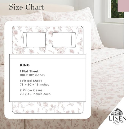 Linen Home 100% Cotton Printed Percale Sheets King Size, Deep Pocket, 4 Pieces Set - 1 Flat, 1 Deep Pocket Fitted Sheet and 2 Pillowcases, Crisp Cool and Strong Bed Linen, Mauve Botanical Floral