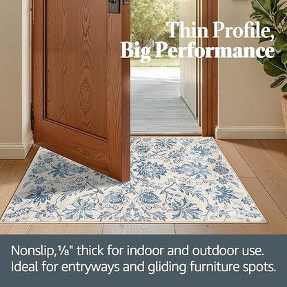jinchan Torino Runner Rugs 2x5 - Vintage-Inspired Floral Design Machine Washable Non-Slip Ultra-Thin Low-Pile Rubber Backing Runner Rug for Kitchen Hallway Laundry Room Entryway Dark Blue