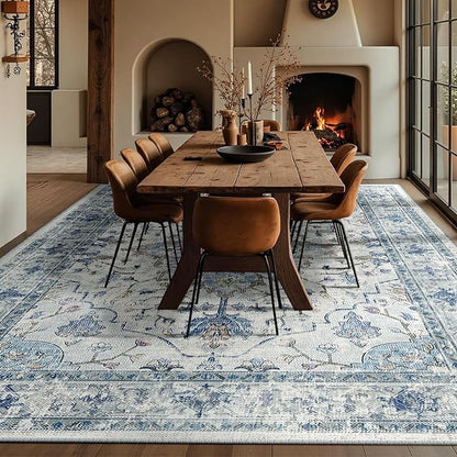 Area Rugs 10'x12' Washable Non-Slip, Floral Vintage Distress Print Pattern Medallion Carpet for Living Room Bedroom Dining Room, Light Blue Navy Beige Gray White