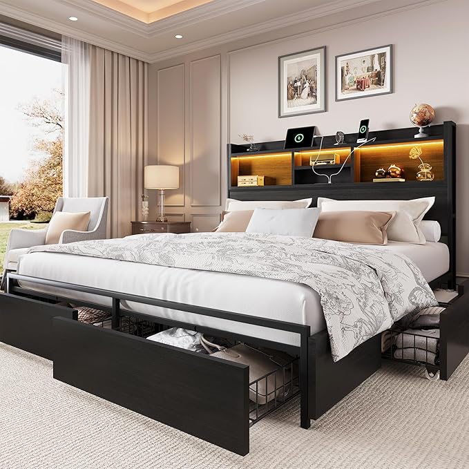 LARMACE Queen Size Bed Frame with 6 Storage Drawers and Headboard Wooden Platform Bed Frame with LED Lights and Charging Station Easy Assembly/No Box Spring Needed/Black