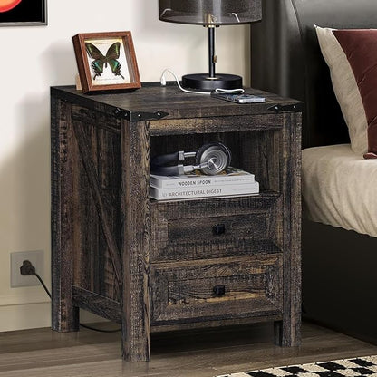 Joaxswe Nightstand with Charging Station and USB Port, Farmhouse Side End Table with 2 Drawers and Shelf Storage, Wooden Sofa Table, Bedside Cabinet for Bedroom, Living Room, Closet, Office (Dark Oak)