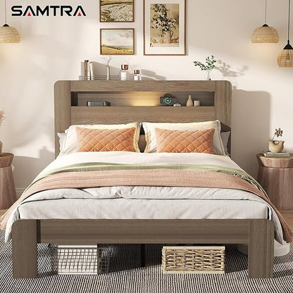 Wooden Bed Frame Queen Size with Storage Headboard - Farmhouse Platform Bed Frame with Bookcase Shelf & Led Lights, Sturdy Wood Slat Framework Bed Frame (Light Brown LED)