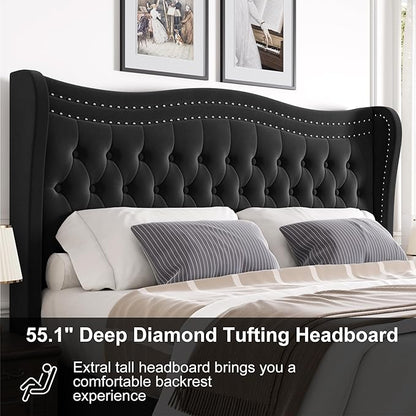 Upholstered King Size Bed Frame with Tall Headboard, Velvet Wingback Platform Bed Frame with Deep Button Tufted, No Box Spring Needed, Noise Free, Black
