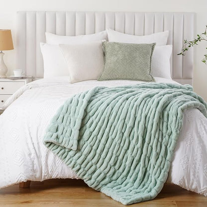 BATTILO HOME Luxury Faux Fur Throw Blanket for Couch, Super Soft Warm Cozy Plush Mink Blanket, Double Side Ruched Rabbit Fur Blanket for Bed, Sofa, Chair, 50"x60", Sage Green