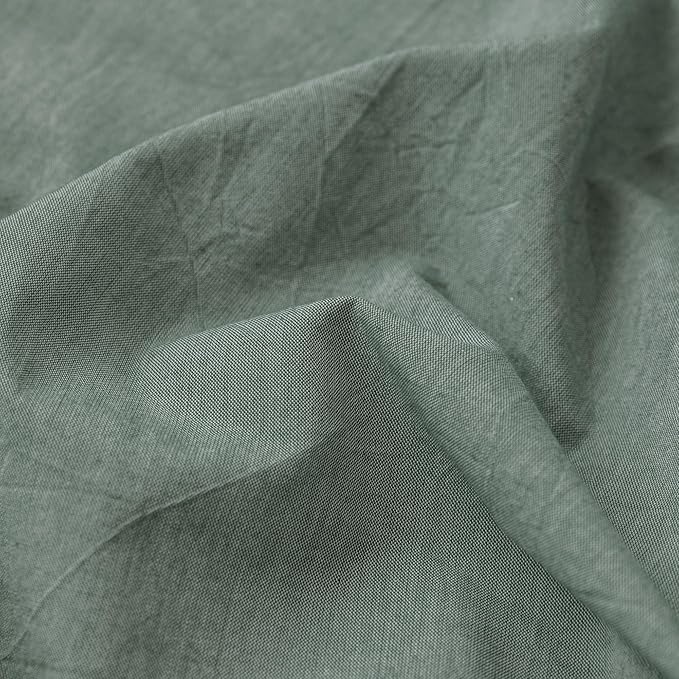 MooMee Fitted Bottom Sheet Only 100% Washed Cotton Linen Like Textured Breathable Durable Soft Comfy Deep Pocket Fits Mattress up to 17" (Heathered Green, King)