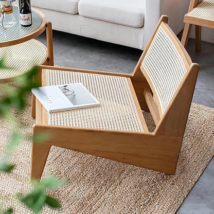 homary Mid Century Modern Chair Japandi Walnut Rattan and Wood Lounge Chairs Armless Accent Chair for Living Room Bedroom Balcony & Patio