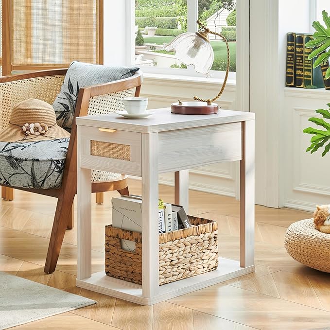 LEYAOYAO Narrow Side Table with Charging Station, Rattan Night Stand with Drawer Storage, Natural Wood Bedside End Table with Metel Handle for Small Spaces, Boho Nightstand for Living Room Bedroom