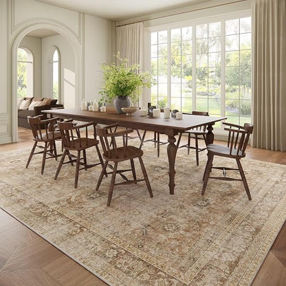 Washable 10x14 Area Rugs for Living Room, Boho Non-Slip Vintage Distress Large Rugs for Bedroom Dining Room Office, 0.3" Neutral Oriental Throw Thin Carpet, Brown/White/Multi