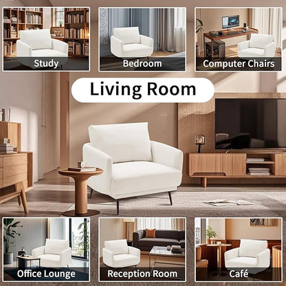 Oversized Accent Chair for Living Room Cozy Reading Chairs Mid-Century Modern Accent Chairs Armchair with Metal Legs Single Sofa Chair for Home Office (1-PCS, Polyester Fabric- Pearly White)