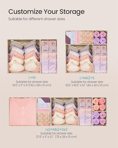 SONGMICS Drawer Organizers, Dresser Divider Organizers, Set of 12, Foldable Fabric Storage Boxes for Socks, Underwear, Bras, Ties, Scarves, Summer Sand URDZ006Y02