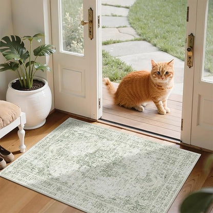 2x3 Vintage Washable Area Rugs for Entryway Soft Non-Slip Bath Mat Boho Medallion Distressed Retro Accent Carpet Floral Low Pile Indoor Throw Rug for Kitchen Laundry Living Room Bedroom, Green