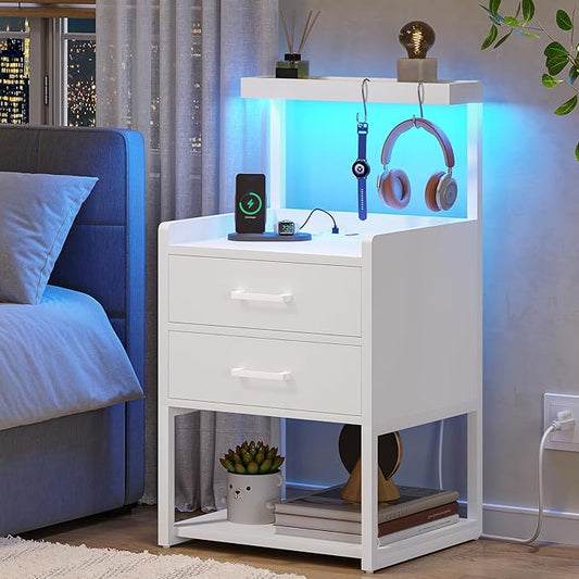 VIAGDO Nightstand with Charging Station and LED Lights, White Bedside Night Stands with 2 Drawers and Open Storage Shelves, Modern End Side Tables for Bedroom, Office