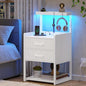 VIAGDO Nightstand with Charging Station and LED Lights, White Bedside Night Stands with 2 Drawers and Open Storage Shelves, Modern End Side Tables for Bedroom, Office