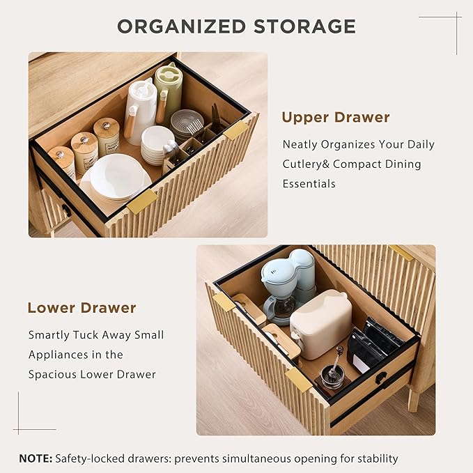 T4TREAM Set of 3 Modern Fluted Sideboard Buffet Cabinet with Drawers Storage, 90" Modular Accent Cabinet for Credenza, Entryway & Hallway, Natural Oak