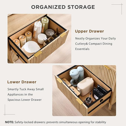 T4TREAM Set of 3 Modern Fluted Sideboard Buffet Cabinet with Drawers Storage, 90" Modular Accent Cabinet for Credenza, Entryway & Hallway, Natural Oak
