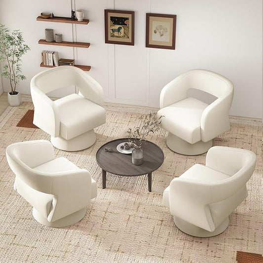Swivel Accent Chair Set of 4, Modern Comfy Chenille Barrel Chairs, Oversized Upholstered Round Arm Chair for Living Room, Bedroom, Reading Room, Beige