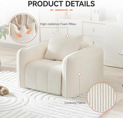 Oversized Boneless Corduroy Accent Chair, Comfy Deep Seat Armchair for Bedroom, Modern Upholstered Living Room Sofa Chair with Pillow, No Assembly, White