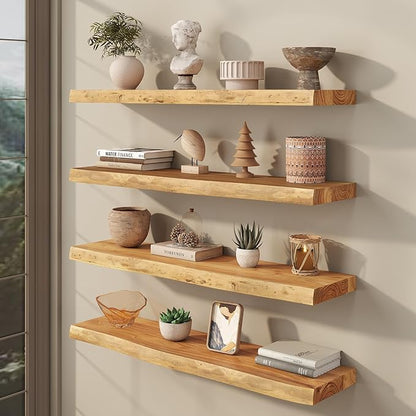 fuqing Live Edge Floating Shelves for Wall 36 inch, 8 Inch Deep Solid Elm Wood Floating Wall Shelves - Rustic Wooden Shelves with Invisible Brackets for Living Room Bedroom Kitchen, 2 Pack, Natural