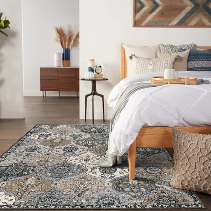 Lahome Moroccan Trellis Washable Area Rug, 5x7 Rugs for Living Room Indoor Non-Slip, Large Oriental Accent Throw Carpet for Bedroom Entryway Bathroom Office, Grey