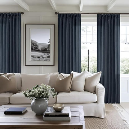 Pinch Pleated Navy Linen Curtains 84 Inches Long 2 Panels Set for Living Room Dining Pinch Pleat Back Tab Light Filtering Farmhouse Boho Retro Window Curtain Drapes 84 Inch Length Dark Blue Indigo