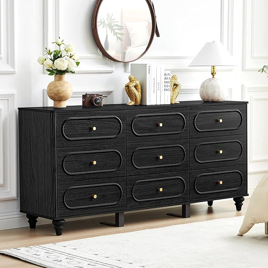 9 Drawer Fluted Dresser for Bedroom, Mid Century Modern Chest of Drawers, Wood Storage Small Dresser Organizer for Bedroom Living Room Hallway Closet, Black