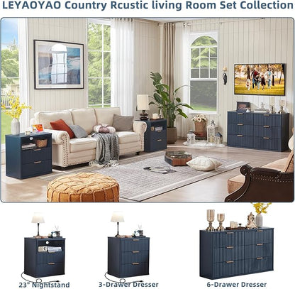 LEYAOYAO 48" Wide Fluted Dresser and 3 Drawers 23" Nightstand Set of 2, Wooden Dresser & Night Stand with Charging Station, 3 Piece Bedroom Furniture Set, Chest of Drawer for Living Room,Navy Blue