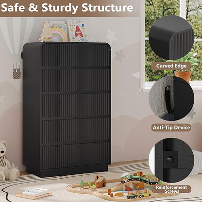 Tall Dresser for Bedroom with 5 Drawers, Fluted Chest of Drawers with Round Curved Corner, Hidden Handles, Modern Wood Storage Organizer for Bedroom, Nursery, Living Room