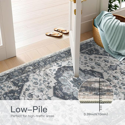 3x5 Vintage Washable Area Rug for Living Room,Low Pile Non Slip Carpet Non-Shedding Small Area Rug Soft Indoor Stain Resistant Rug Floral Print Mat for Bedroom Dining Room Blue Beige