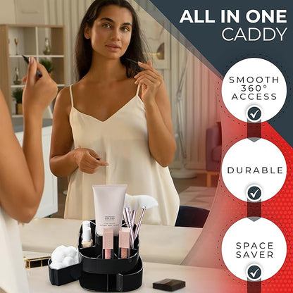 Masirs Small Rotating Makeup Organizer - Mini Yet Spacious Cosmetic Storage Solution with Multiple Compartments - The Perfect Spinning Make-Up Caddy for Vanity or Bathroom Counter (Square - Black)