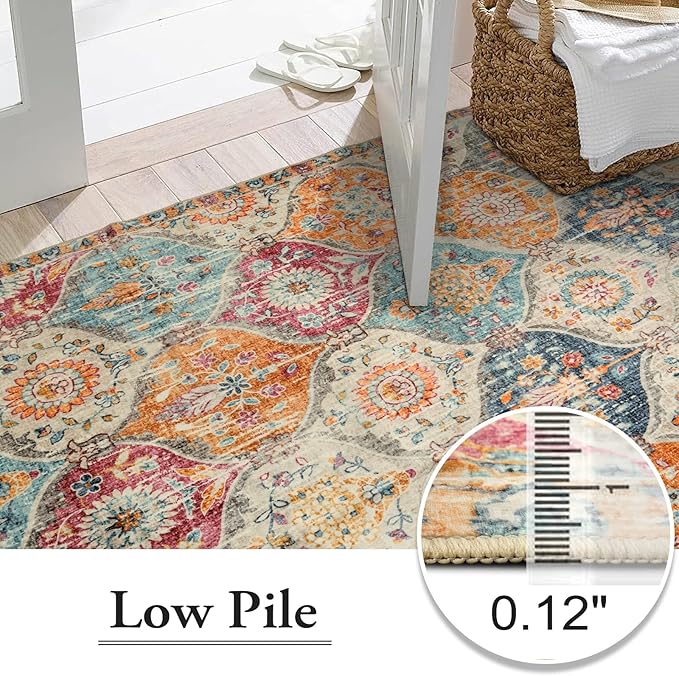 Lahome Moroccan Washable Area Rugs 9x12 Living Room, Soft 9x12 Area Rug for Bedroom, Oriental Non-Slip Non Shedding Throw Large Carpet for Dining Room Office, Cream/Multi