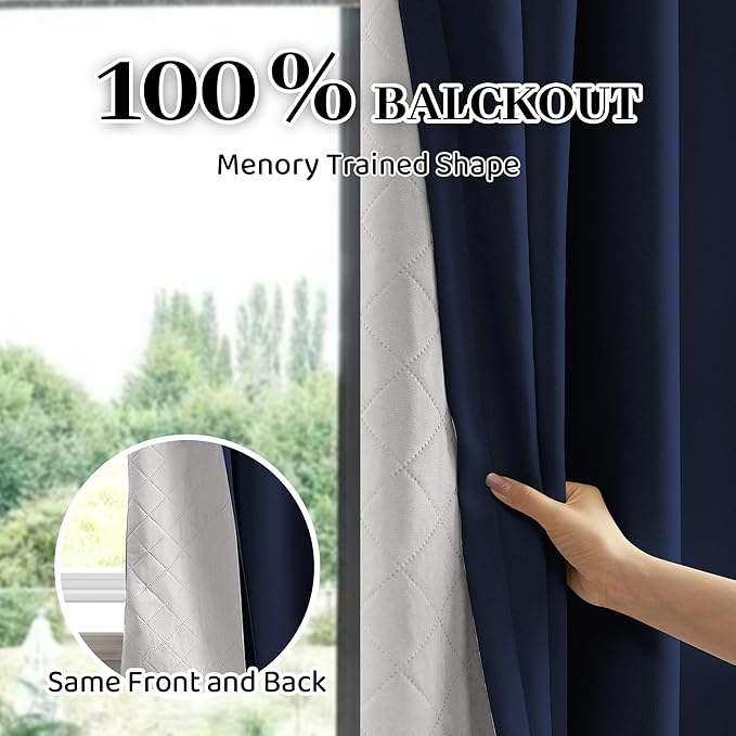 3-in-1 100% Blackout Curtains 90 Inches Long, Thermal Insulation, Soundproof Back Tab Drapes for Bedroom Living Room Sliding Glass Door, with Pin Hooks, Navy Blue 50x90Inch 1 Panel