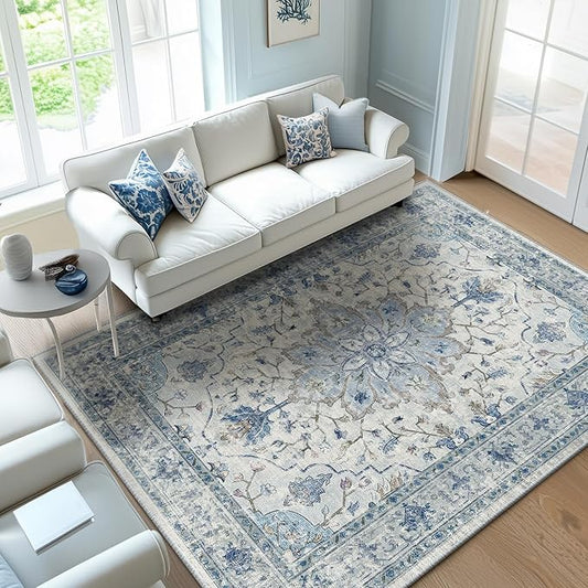 Area Rugs 5'x7' Washable Non-Slip, Floral Vintage Distress Print Pattern Medallion Carpet for Living Room Bedroom Dining Room, Light Blue Navy Beige Gray White