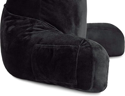 Husband Pillow Black, Original Reading Pillow in Bed Rest Chair, Shredded Memory Foam Large Lounge Cushion Adult Backrest with Arms, Comfy Back Support for Sit Sitting Up, Washable/Removable Cover
