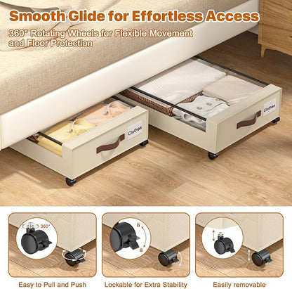 Under Bed Storage with Wheels, 4 Pack Under Bed Storage Containers with Clear Lids, XXL 60L Under-Bed Organizers for Clothes, Shoes – Durable Storage Bins with Smooth Rolling Wheels (White, 4 Pack)
