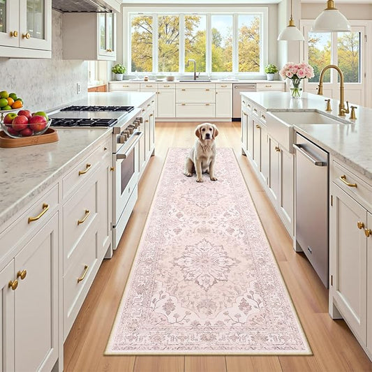 Area Rugs 2'x8' Washable Non-Slip, Floral Vintage Distress Print Pattern Medallion Carpet for Living Room Bedroom Dining Room, Pink Greypink Cute