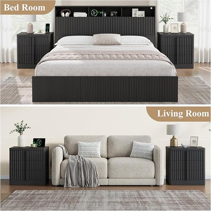 Fluted Nightstand Set of 2 with Charging Station, 23.6" Wood Bedside Table with Solid Wood Handle, Mid Century Moden End Table, 3 Drawer Dresser for Bedroom, Living Room, Black