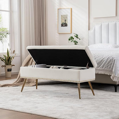 Velvet Storage Bench with Gold Legs& Nailhead Trim, 46" Wide Upholstered Modern Bedroom Bench for End of Bed, Tufted Ottoman for Entryway Living Room Dining Room (Ivory White, 46" Wide)