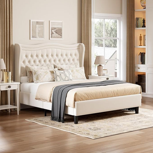 Upholstered King Size Bed Frame with Tall Headboard, Velvet Wingback Platform Bed Frame with Deep Button Tufted, No Box Spring Needed, Noise Free, Beige