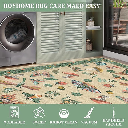 Mushroom Insect 2x6 Runner Rug for Hallway Washable Kitchen Rugs Non Slip with Rubber Back Khaki Green Low-Pile Stain Resistant Indoor Carpet for Entryway Bathroom Laundry Dorm