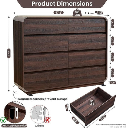 Modern 8 Drawer Dresser, 47- Inch Wood Chest of Drawers with Large Storage, Walnut Dresser Closet for Bedroom, Living Room, Nursery.