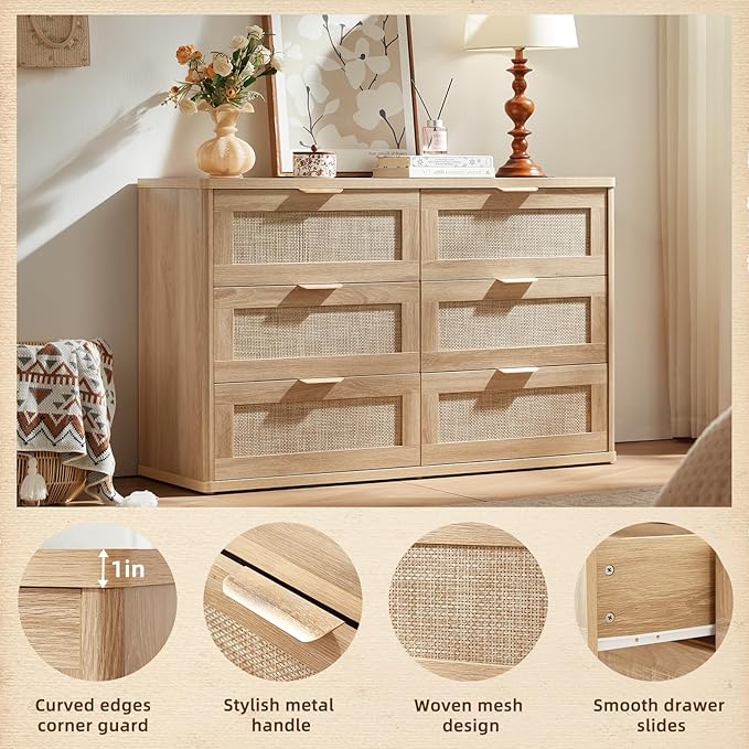 LEYAOYAO Rattan Dresser and Nightstand Sets 3, Boho Wood Dresser for Bedroom with 6 Drawers and Night Stand with 3 Drawer, Bedroom Furniture, Dressers & Chests of Drawers, Living Room, Hallway