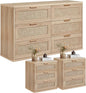 LEYAOYAO Rattan Dresser and Nightstand Sets 3 Piece, Boho Wood Dresser for Bedroom with 6 Drawers and Night Stand with 3 Drawer, Bedroom Furniture, Dressers & Chests of Drawers, Living Room, Hallway