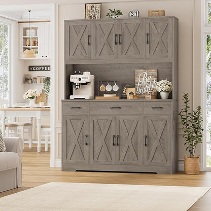 HOSTACK 71" Tall Kitchen Pantry Storage Cabinet with Charging Station, 55" Wide Kitchen Hutch Cabinet with Large Countertop, Farmhouse Food Pantry with Drawers for Living Room (Ash Grey)