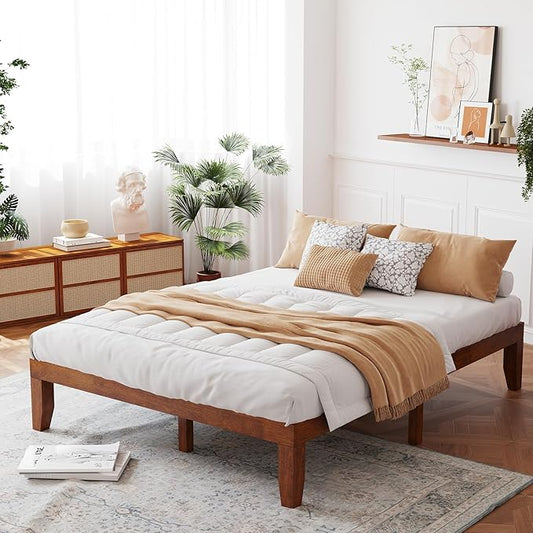 Giantex 14 Inch Queen Wood Platform Bed Frame, Minimalist Style Mattress Foundation with Solid Rubber Wood, Heavy Duty Slat Support, Without Headboard, Easy Assembly, No Box Spring Needed, Walnut