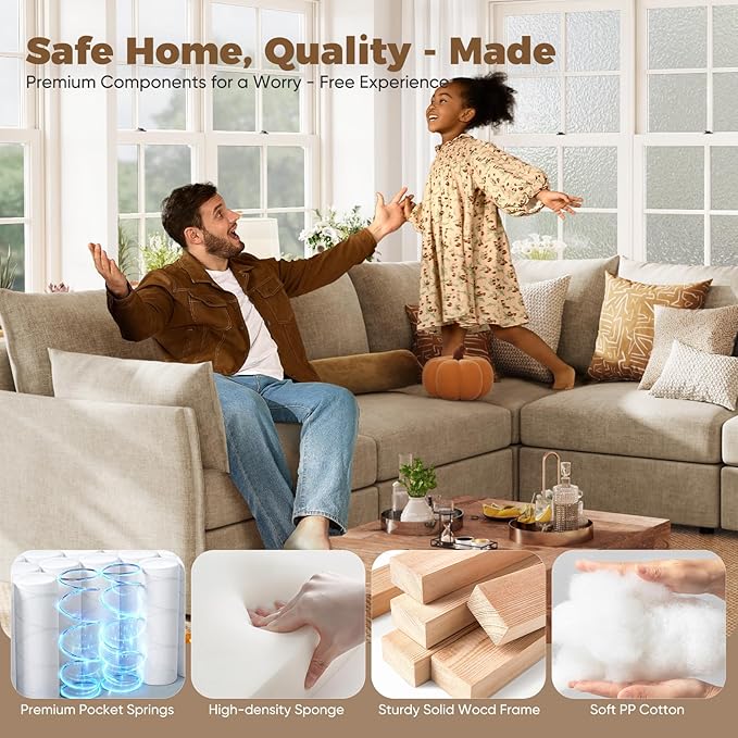 ABCASA 134.6" Luxury Modular Sectional Convertible Sofa with Storage Ottoman, L-Shape 5-Seat Oversized Comfy Couch Deep Seat with Reversible Chaise - Chenille Beige